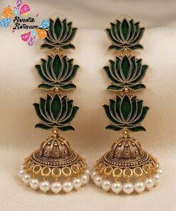 Dark Green Lotus Designer Oxidised Gold Jhumkha