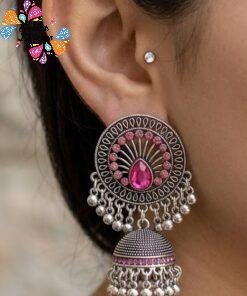 Pink Stone With Flower Designer Oxidised Silver Jhumkha