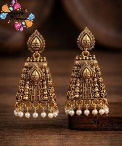 Alternative view of White Pearl With Kopuram Designer Oxidised Gold Jhumkha