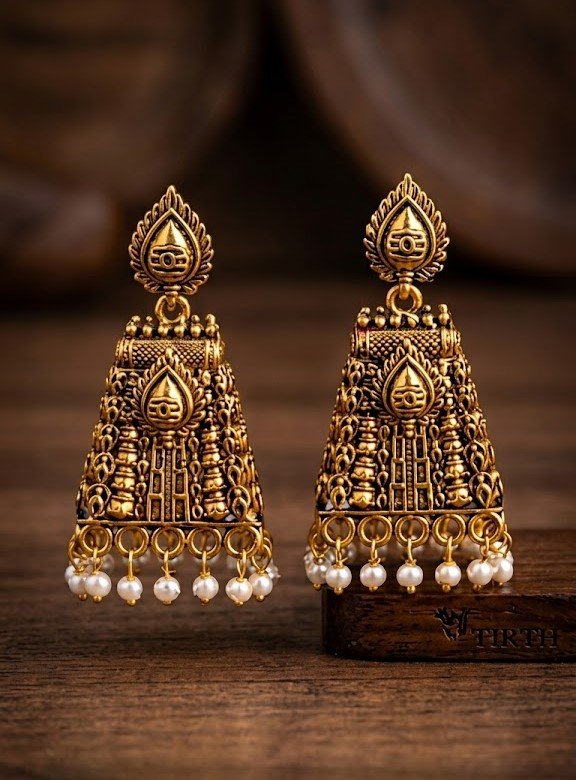 White Pearl With Kopuram Designer Oxidised Gold Jhumkha White Pearl With Kopuram Designer Oxidised Gold Jhumkha - Image 2