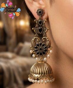 Black Stone With Peacock Designer Oxidised Gold Jhumkha