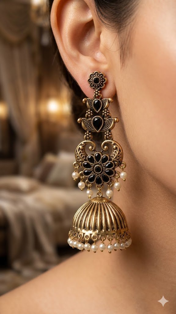 Black Stone With Peacock Designer Oxidised Gold Jhumkha Black Stone With Peacock Designer Oxidised Gold Jhumkha