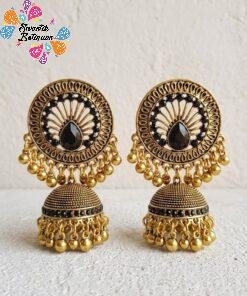 Alternative view of Black Stone With Flower Designer Oxidised Gold Jhumkha