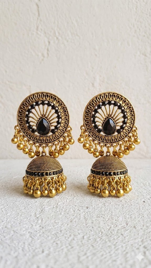 Black Stone With Flower Designer Oxidised Gold Jhumkha Black Stone With Flower Designer Oxidised Gold Jhumkha - Image 2