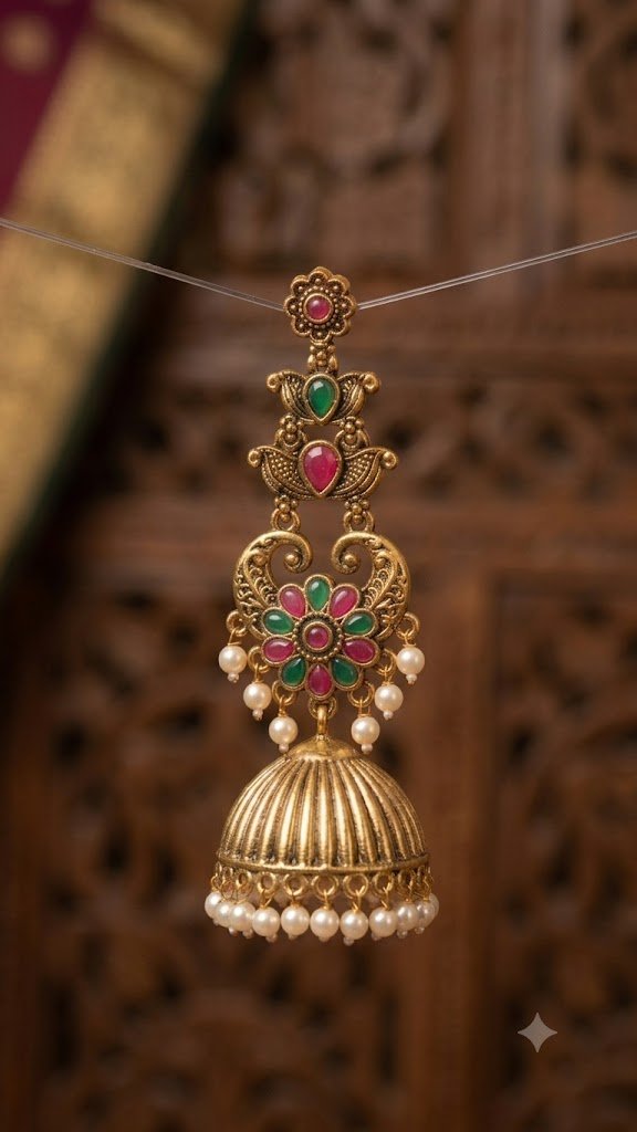 Pink And Green Stone With Peacock Designer Oxidised Gold Jhumkha Pink And Green Stone With Peacock Designer Oxidised Gold Jhumkha - Image 3