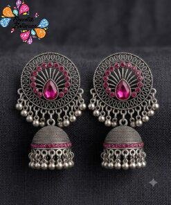 Alternative view of Pink Stone With Flower Designer Oxidised Silver Jhumkha