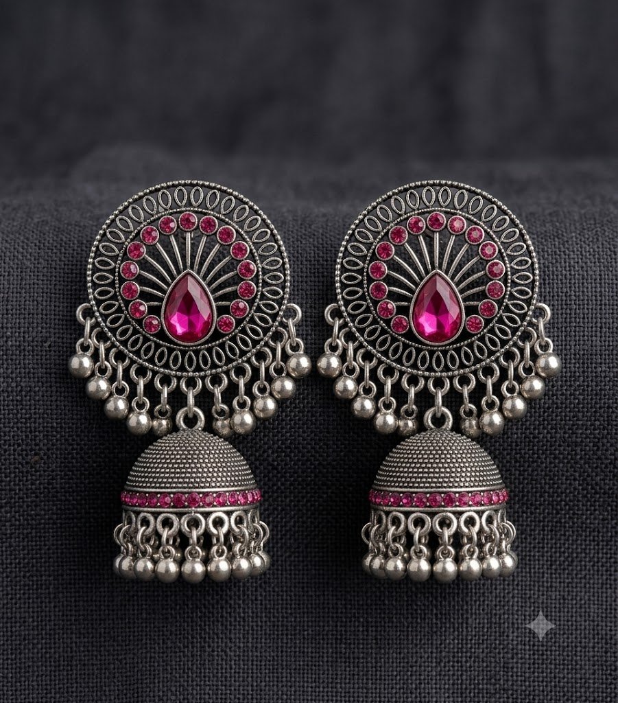 Pink Stone With Flower Designer Oxidised Silver Jhumkha Pink Stone With Flower Designer Oxidised Silver Jhumkha - Image 2