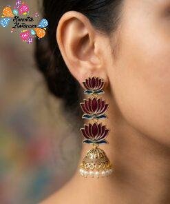 Dark Maroon Lotus Designer Oxidised Gold Jhumkha