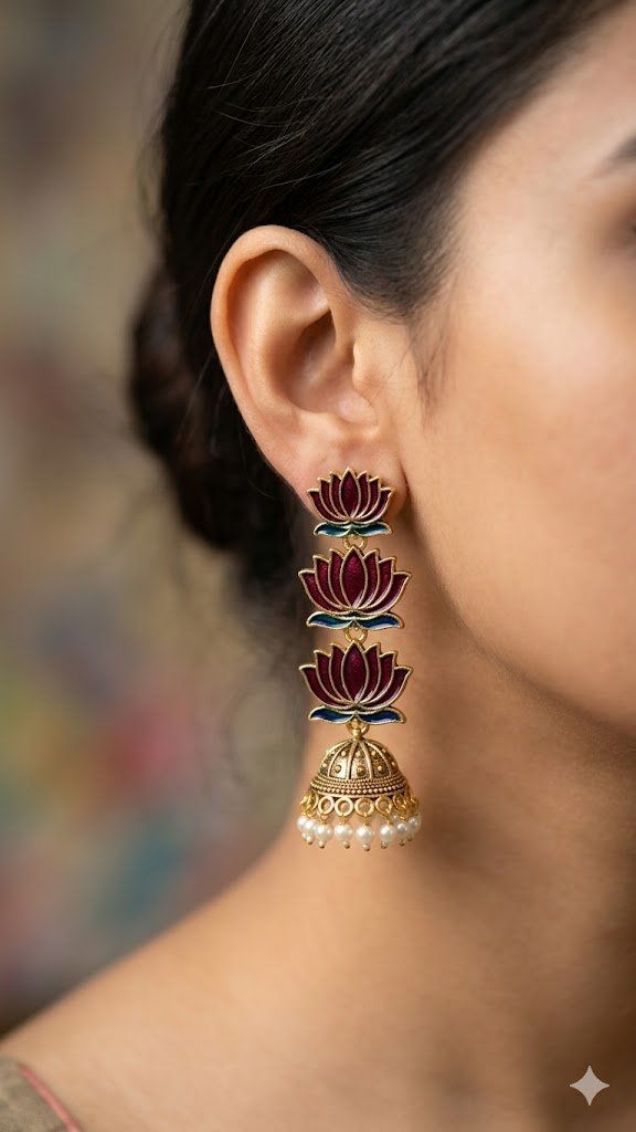 Dark Maroon Lotus Designer Oxidised Gold Jhumkha Dark Maroon Lotus Designer Oxidised Gold Jhumkha