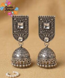 Alternative view of White Stone With Floral Designer Oxidised Silver Jhumkha