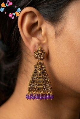 Purple Pearl With Kopuram Designer Oxidised Gold Jhumkha