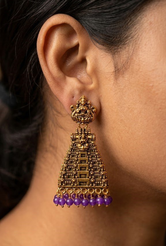 Purple Pearl With Kopuram Designer Oxidised Gold Jhumkha Purple Pearl With Kopuram Designer Oxidised Gold Jhumkha
