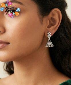 Alternative view of White Stone With Floral Designer Oxidised Silver Jhumkha