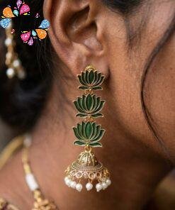 Dark Green Lotus Designer Oxidised Gold Jhumkha