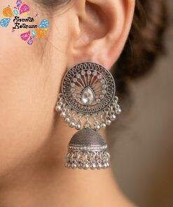 White Stone With Flower Designer Oxidised Silver Jhumkha
