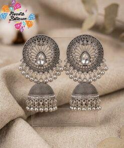 Alternative view of White Stone With Flower Designer Oxidised Silver Jhumkha