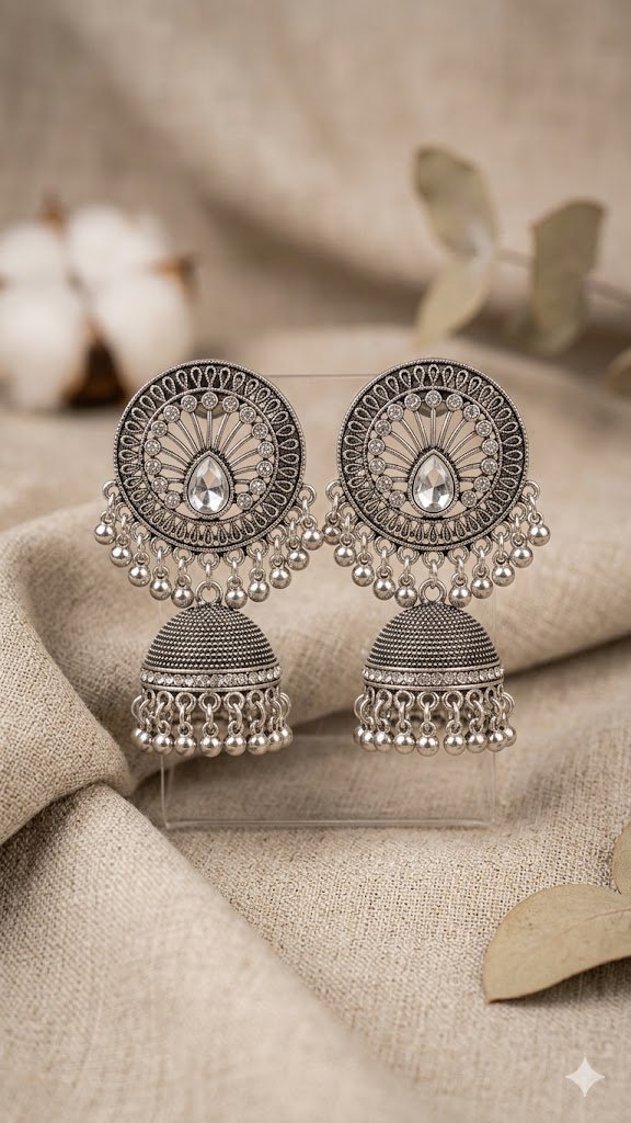 White Stone With Flower Designer Oxidised Silver Jhumkha White Stone With Flower Designer Oxidised Silver Jhumkha - Image 2