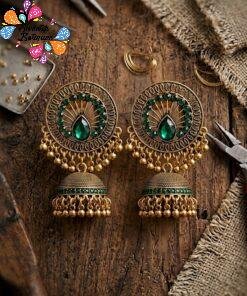 Alternative view of Green Stone With Flower Designer Oxidised Gold Jhumkha