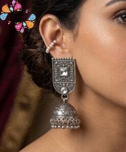 White Stone With Floral Designer Oxidised Silver Jhumkha