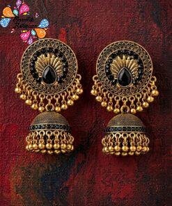 Black Stone With Flower Designer Oxidised Gold Jhumkha Black Stone With Flower Designer Oxidised Gold Jhumkha