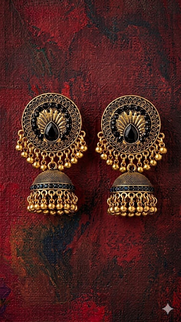 Black Stone With Flower Designer Oxidised Gold Jhumkha Black Stone With Flower Designer Oxidised Gold Jhumkha - Image 3