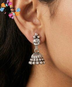 White Stone With Floral Designer Oxidised Silver Jhumkha