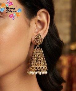 White Pearl With Kopuram Designer Oxidised Gold Jhumkha