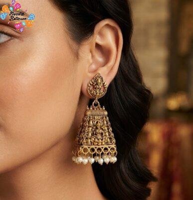 White Pearl With Kopuram Designer Oxidised Gold Jhumkha