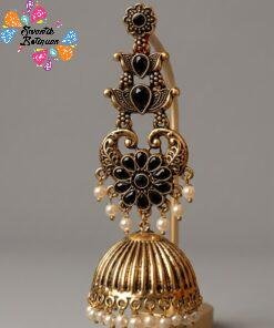 Black Stone With Peacock Designer Oxidised Gold Jhumkha Black Stone With Peacock Designer Oxidised Gold Jhumkha