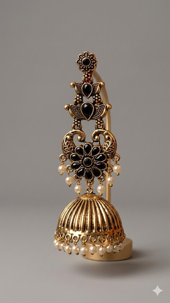 Black Stone With Peacock Designer Oxidised Gold Jhumkha Black Stone With Peacock Designer Oxidised Gold Jhumkha - Image 3