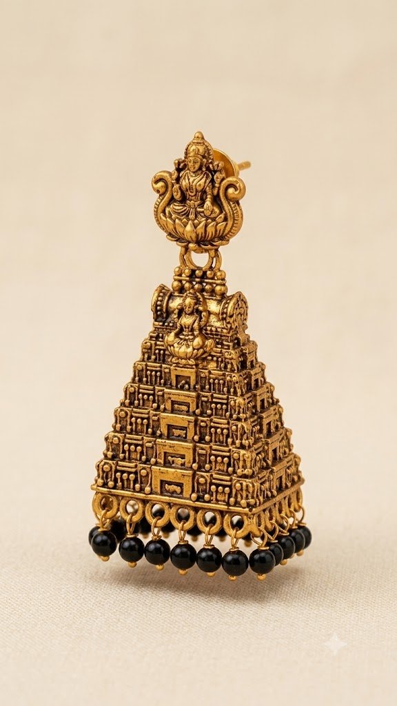Black Pearl With Kopuram Designer Oxidised Gold Jhumkha Black Pearl With Kopuram Designer Oxidised Gold Jhumkha - Image 3