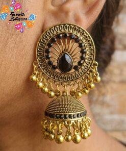 Black Stone With Flower Designer Oxidised Gold Jhumkha