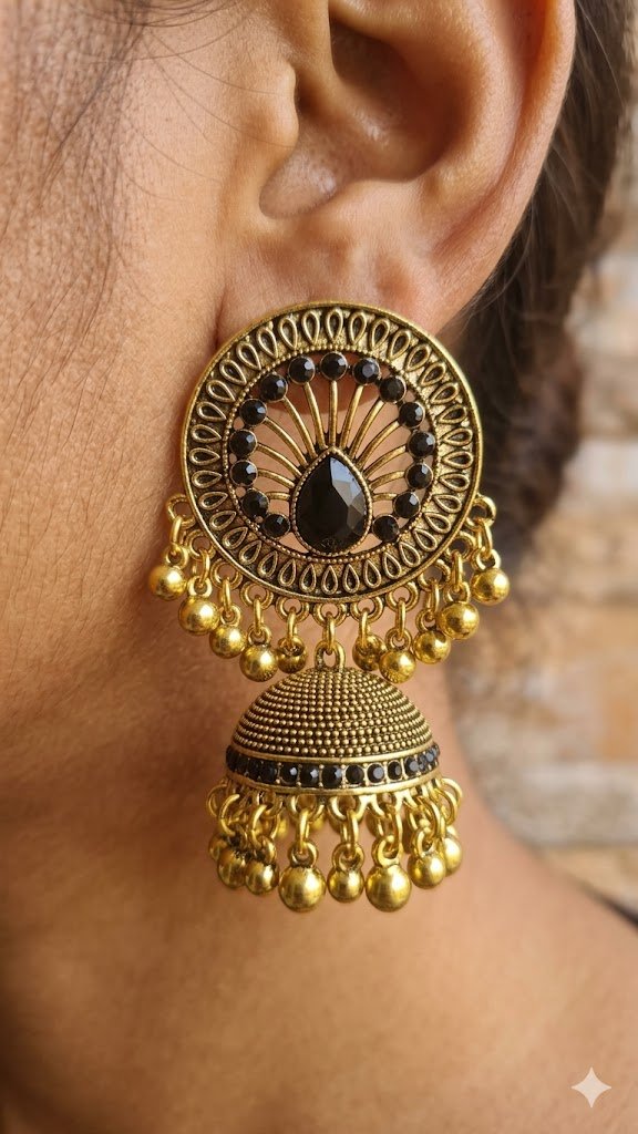 Black Stone With Flower Designer Oxidised Gold Jhumkha Black Stone With Flower Designer Oxidised Gold Jhumkha