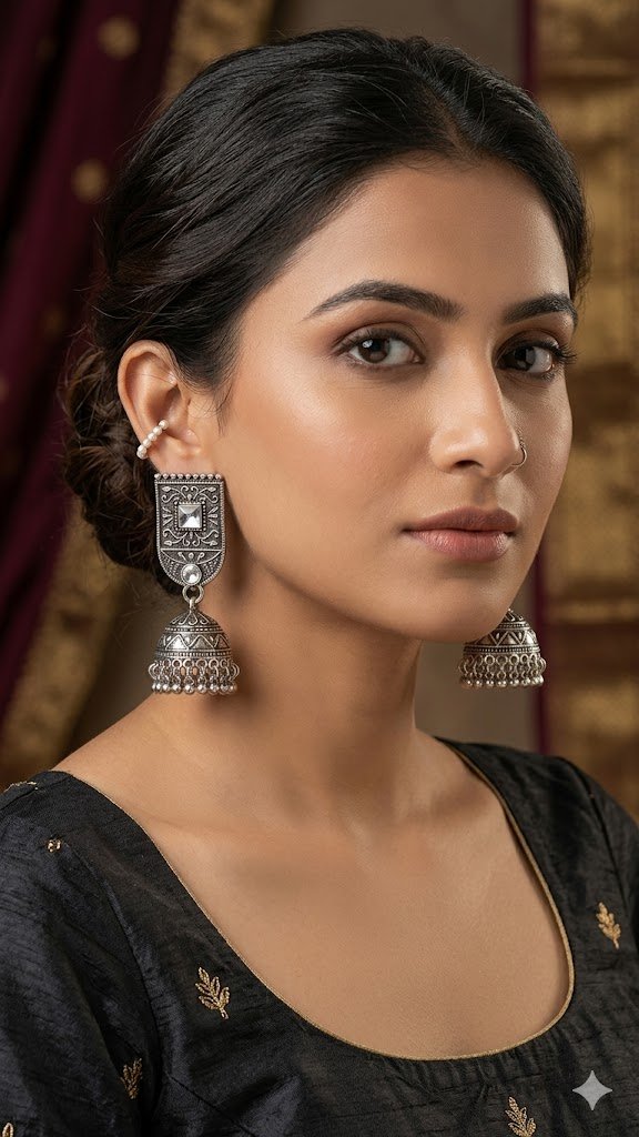 White Stone With Floral Designer Oxidised Silver Jhumkha White Stone With Floral Designer Oxidised Silver Jhumkha - Image 3