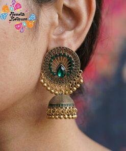 Green Stone With Flower Designer Oxidised Gold Jhumkha