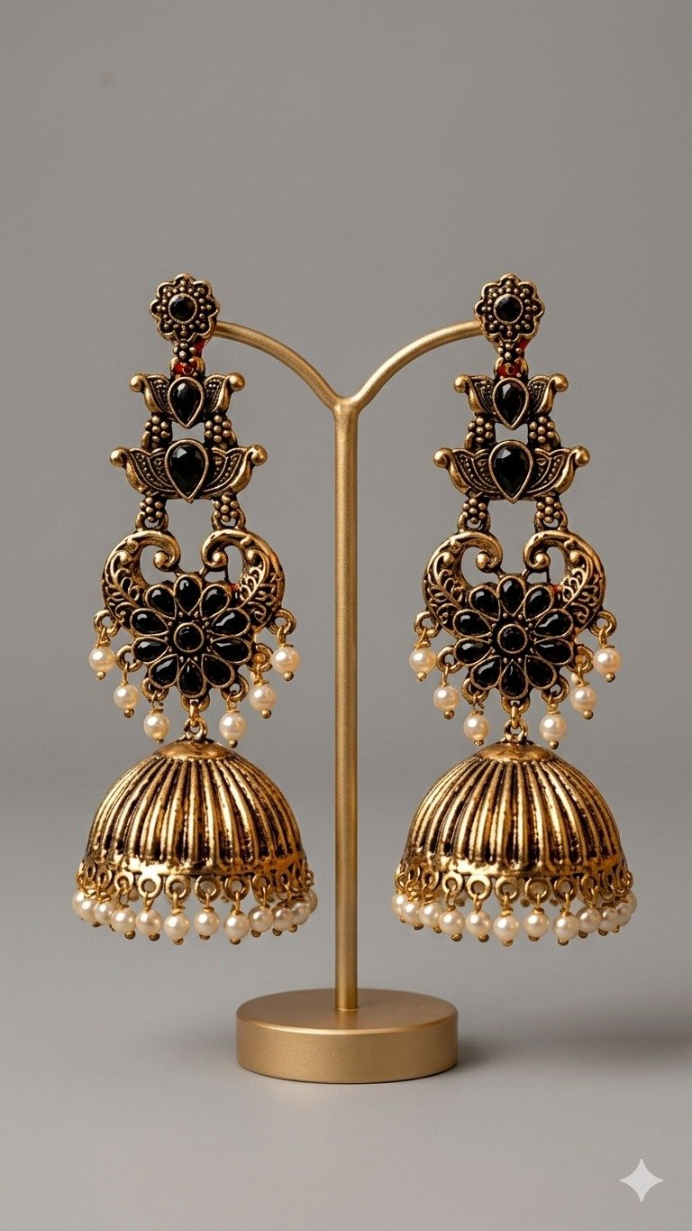 Black Stone With Peacock Designer Oxidised Gold Jhumkha Black Stone With Peacock Designer Oxidised Gold Jhumkha - Image 2