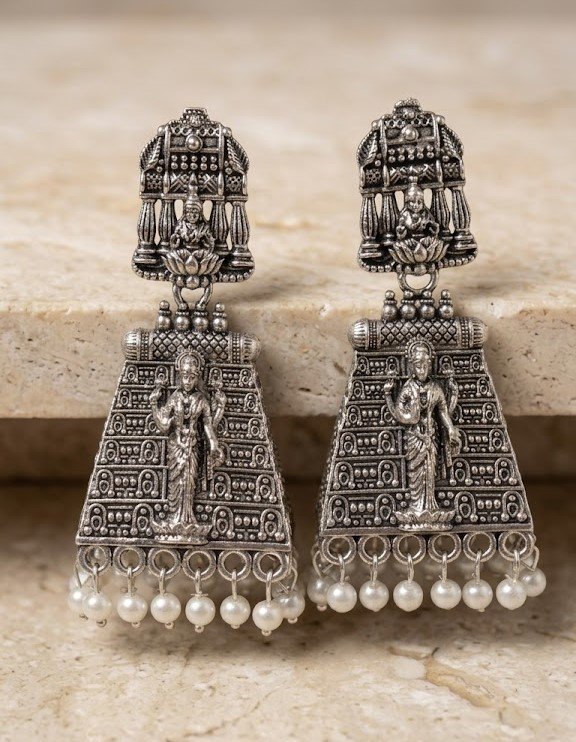 White Pearl With Kopuram Designer Oxidised Silver Jhumkha White Pearl With Kopuram Designer Oxidised Silver Jhumkha