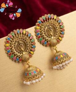 Alternative view of Multi Colour Stone With Peacock Designer Oxidised Gold Jhumkha