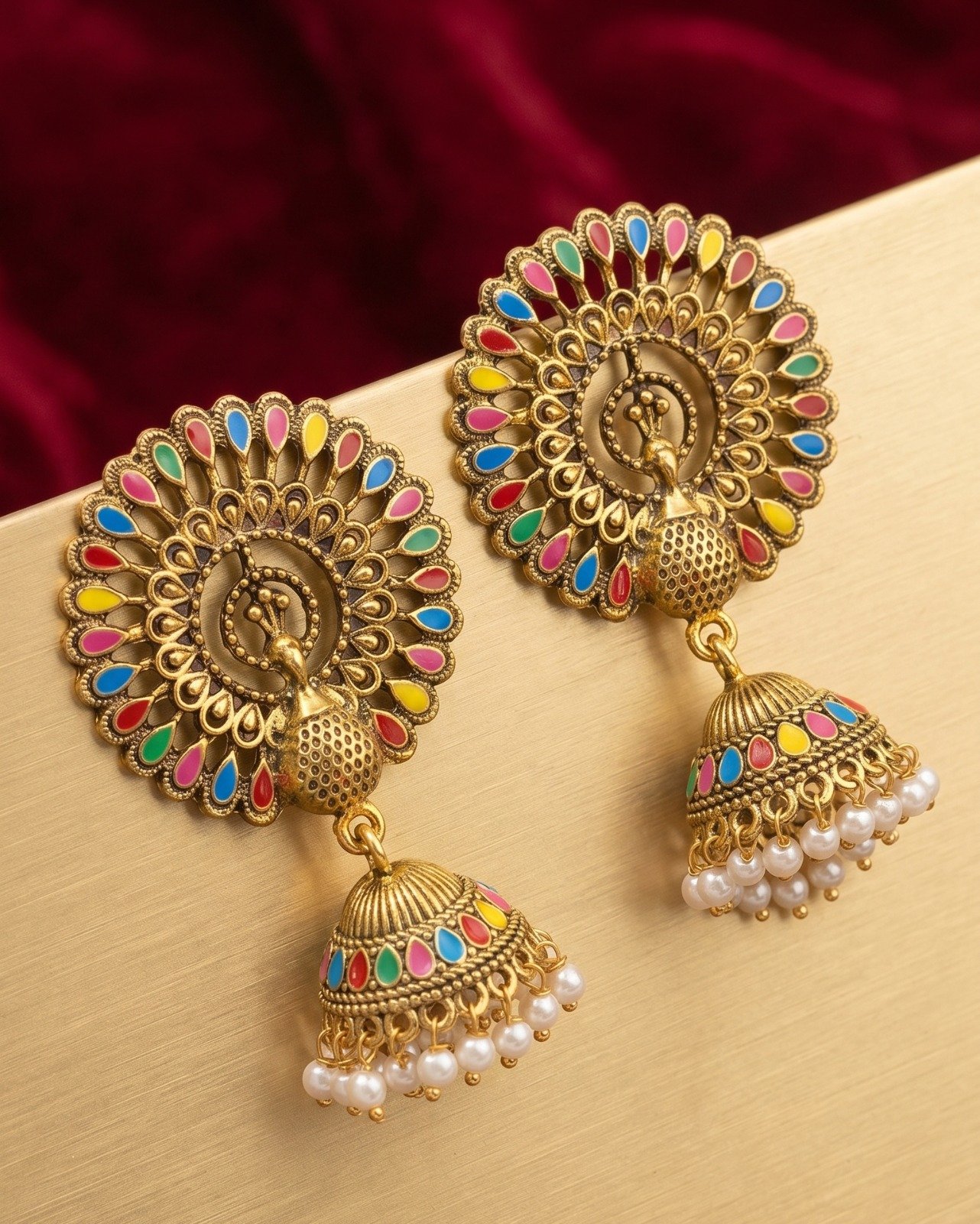 Multi Colour Stone With Peacock Designer Oxidised Gold Jhumkha Multi Colour Stone With Peacock Designer Oxidised Gold Jhumkha - Image 2