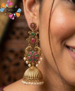 Pink And Green Stone With Peacock Designer Oxidised Gold Jhumkha
