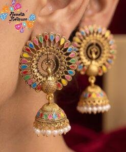 Multi Colour Stone With Peacock Designer Oxidised Gold Jhumkha