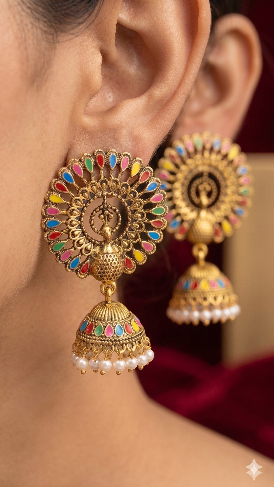 Multi Colour Stone With Peacock Designer Oxidised Gold Jhumkha Multi Colour Stone With Peacock Designer Oxidised Gold Jhumkha