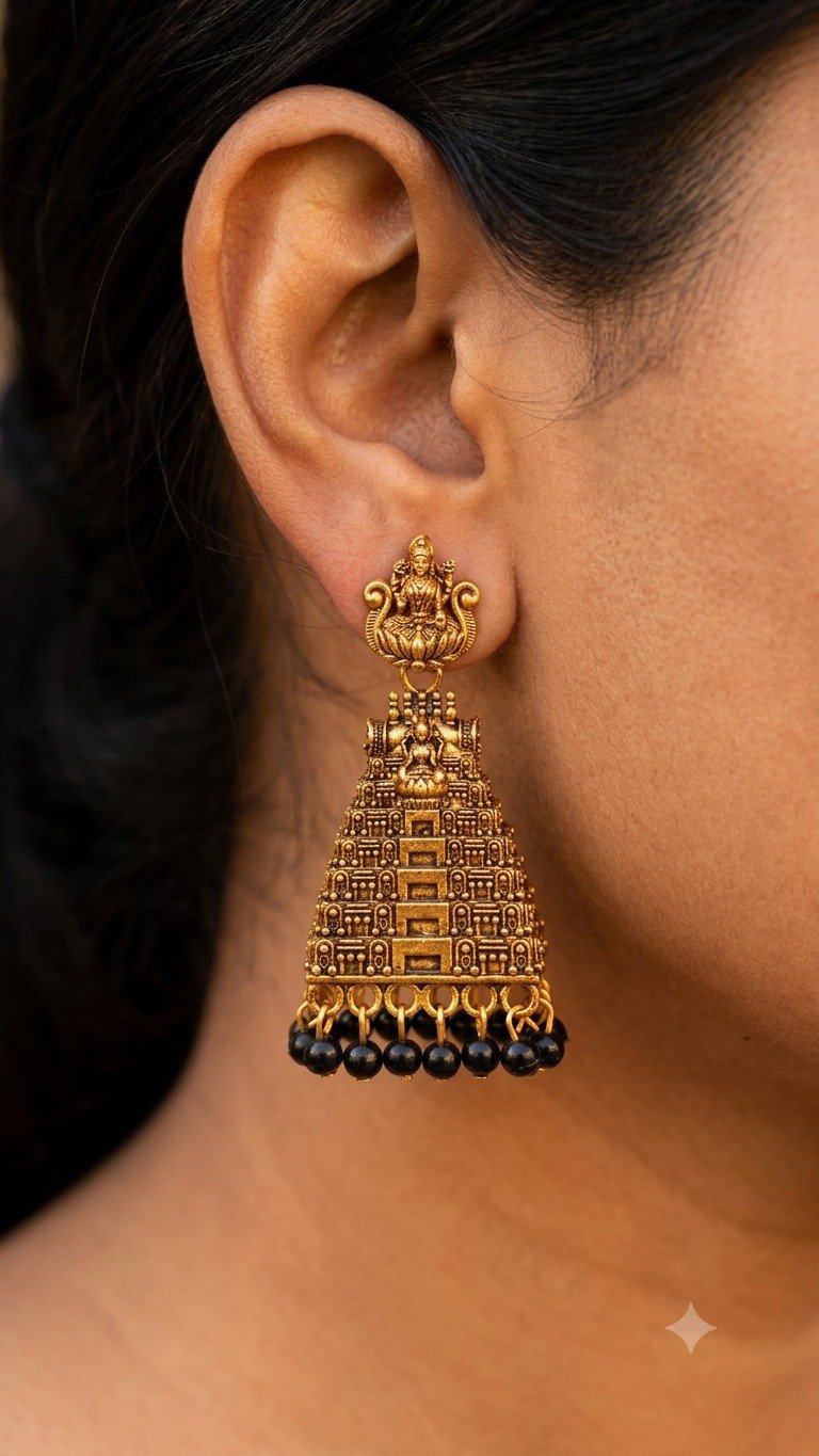 Black Pearl With Kopuram Designer Oxidised Gold Jhumkha Black Pearl With Kopuram Designer Oxidised Gold Jhumkha