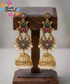 Alternative view of Pink And Green Stone With Peacock Designer Oxidised Gold Jhumkha