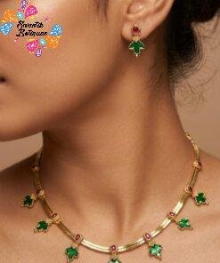 Leaf Designer Green And Pink Stone Mixed Matte Finished Necklace