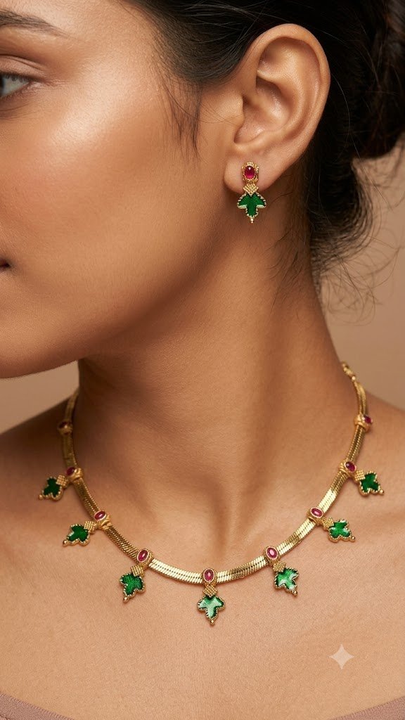 Leaf Designer Green And Pink Stone Mixed Matte Finished Necklace Leaf Designer Green And Pink Stone Mixed Matte Finished Necklace