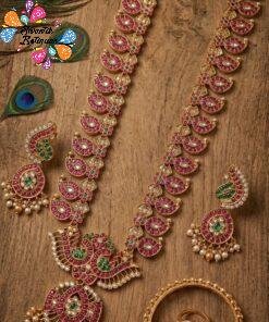 Alternative view of Pink And White with Green Stone Mixed Peacock Designer Matte Finished Haram