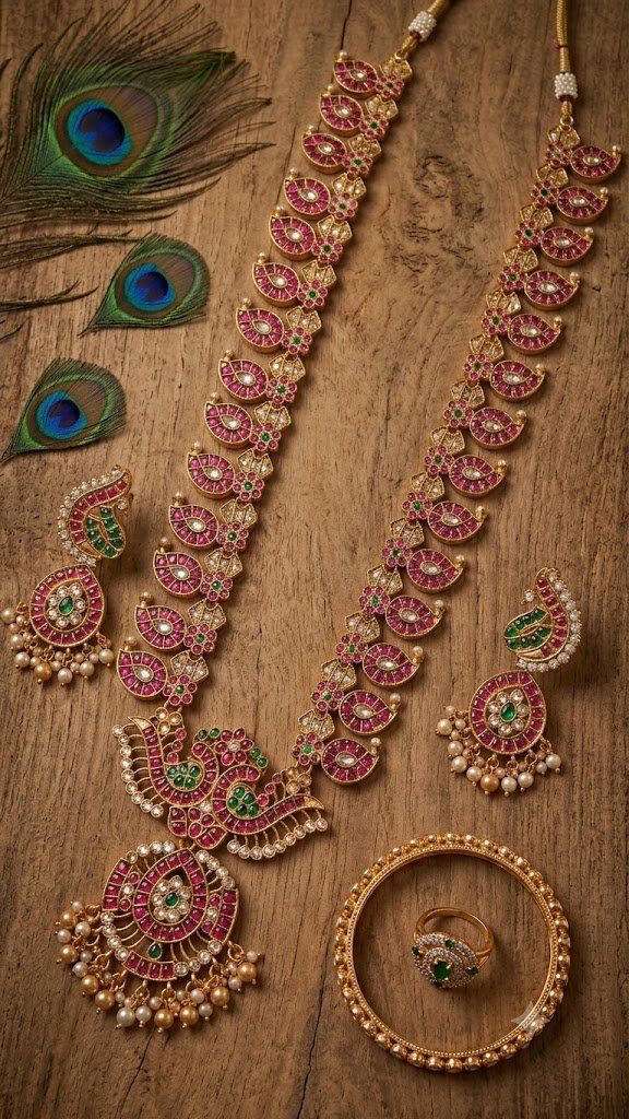 Pink And White with Green Stone Mixed Peacock Designer Matte Finished Haram Pink And White with Green Stone Mixed Peacock Designer Matte Finished Haram - Image 2