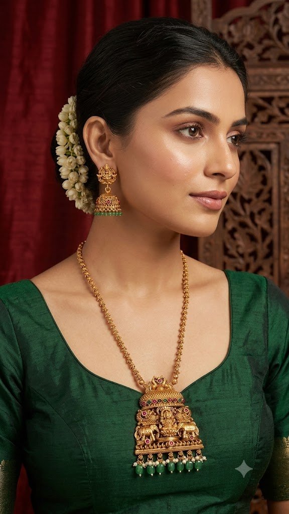 Green Pearl With Lakshmi Designer Matte Finished Haram Green Pearl With Lakshmi Designer Matte Finished Haram