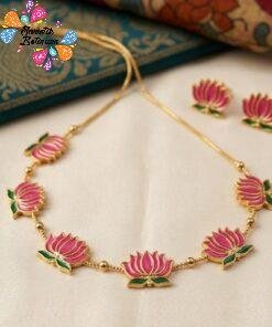 Pink With Green Mixed Lotus Designer Matte Finished Necklace Pink With Green Mixed Lotus Designer Matte Finished Necklace